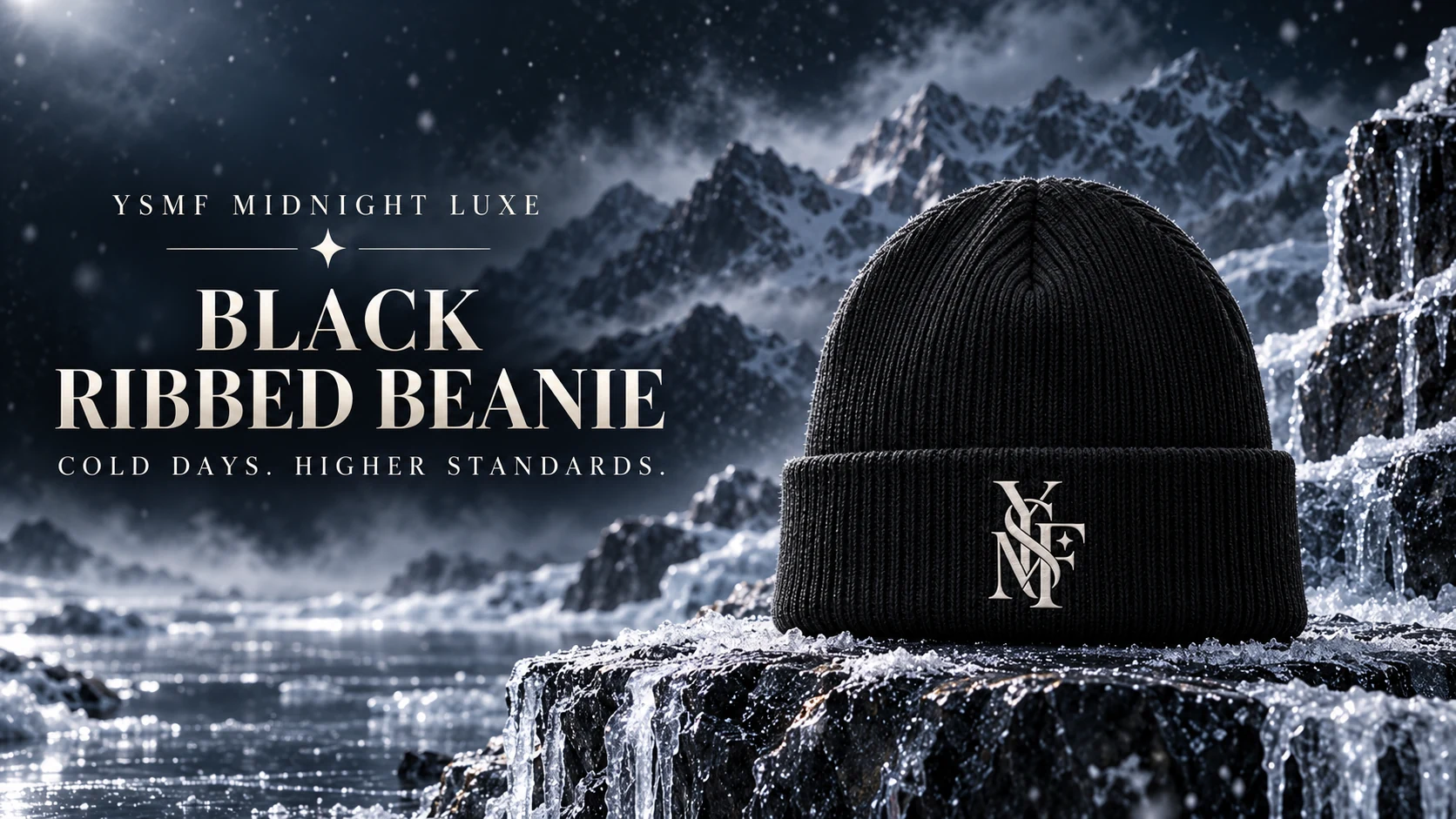 Black Midnight Luxe ribbed beanie with ivory embroidered monogram