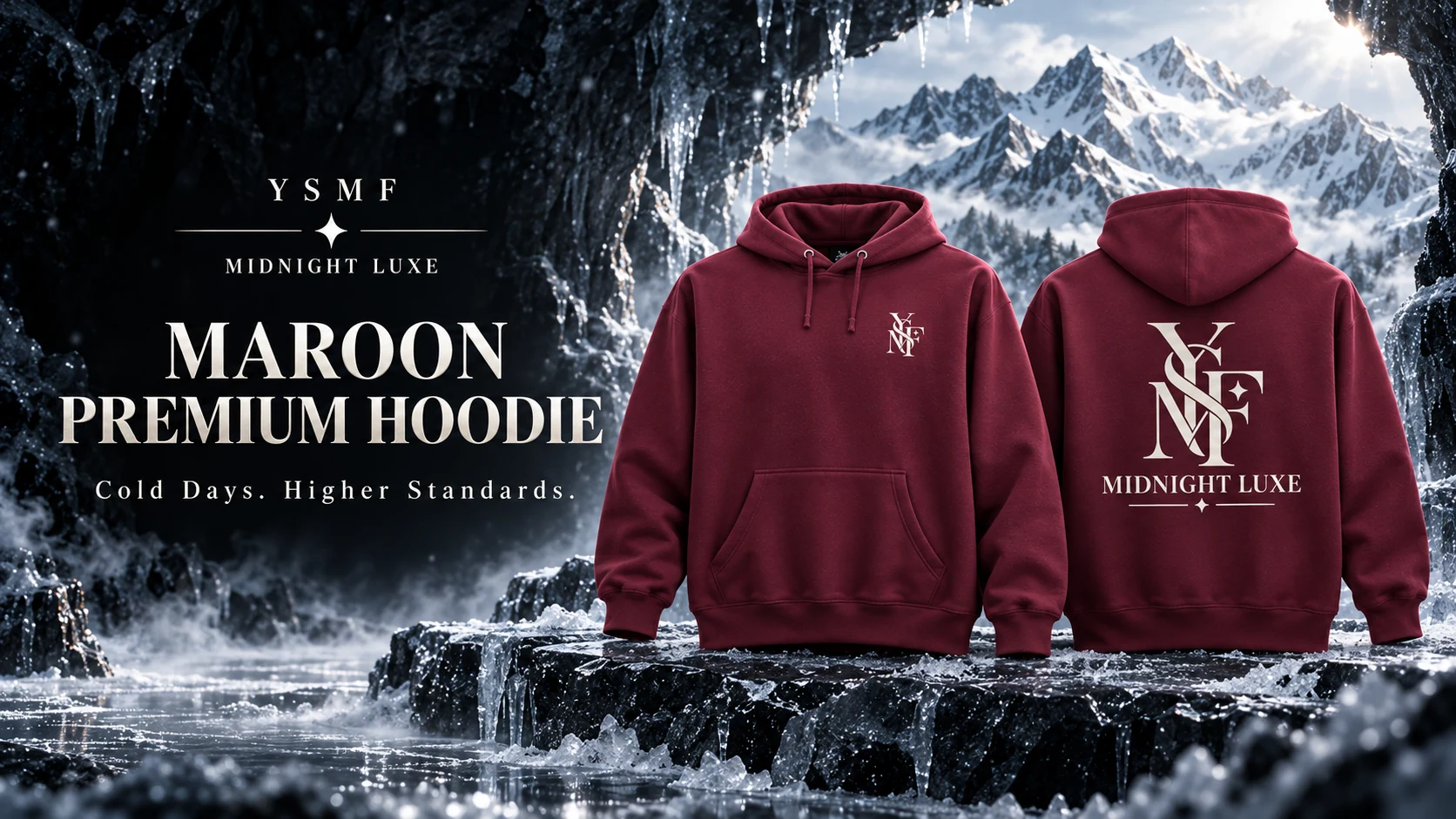 Front and back of the maroon Midnight Luxe premium hoodie