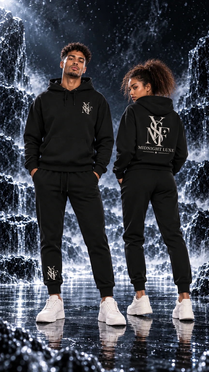 Front and back views of models wearing the black Midnight Luxe hoodie and matching joggers, with ivory monograms on the chest and lower leg