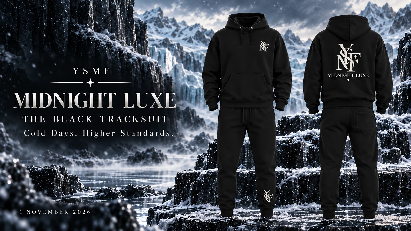 Front and back of the black Midnight Luxe hoodie and jogger set
